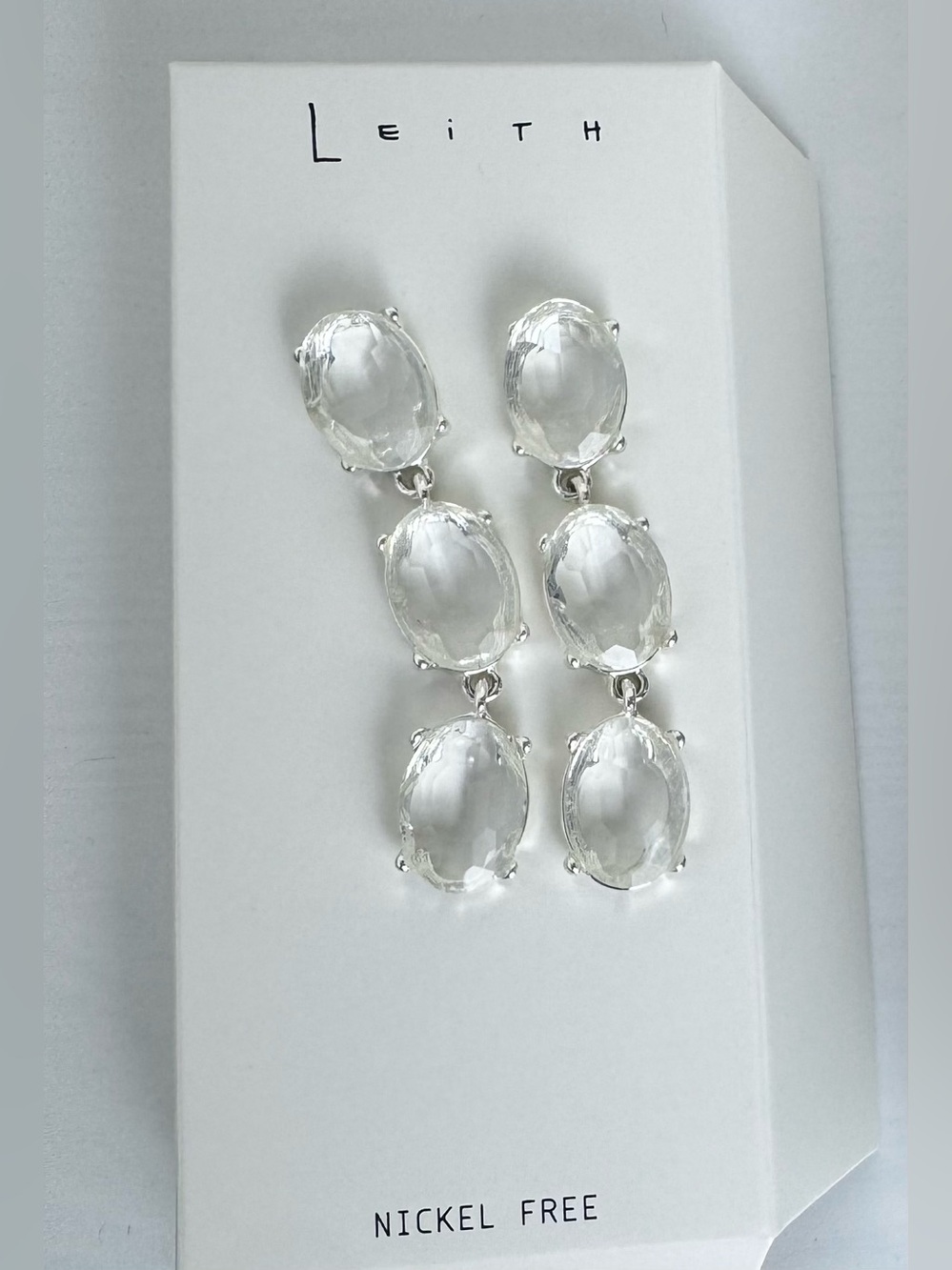 Leith Clear Triple Oval Dangle Drop Earrings - Silver Tone New with Gift Box